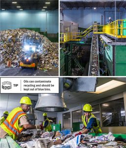 An earthmover shuffles a mound of materials that trucks have dumped on the floor of the FCC plant. Recycling materials make their way up a conveyor belt. Workers in one of the plant’s cabins perform the initial sort. Photos by Danny Fulgencio