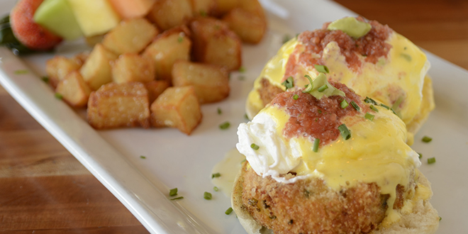 Crab eggs Benedict at Woodlands American Grill: Photo by Mark Davis