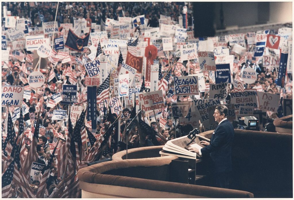 Photograph of President Reagan giving his Acceptance Speech at the Republican National Convention, Dallas, TX, via Wikimedia Commons