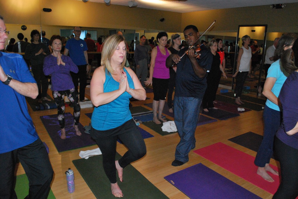 Richmond Punch plays live music during a yoga class at the Aaron Family Jewish Community Center. Photo via Ben Williams