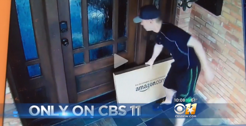 Security footage caught this man stealing a package from a Preston Hollow porch. (Screenshot from CBS video) 