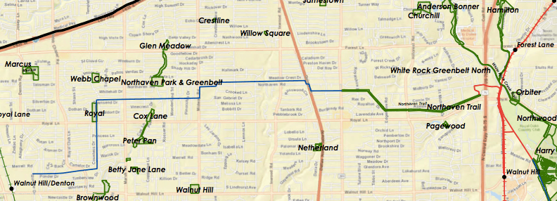 This map shows the Northaven Trail as it exists today in blue, with the expected western expansion in blue and the eastern expansion in red. (City of Dallas)
