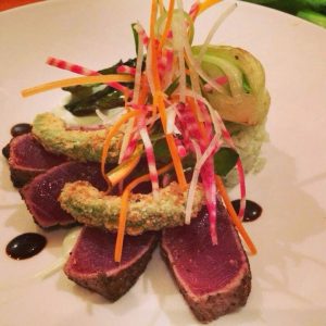 five spiced big eye tuna dinner entre with bamboo rice, fried avocado, and wasabi cream ($29)