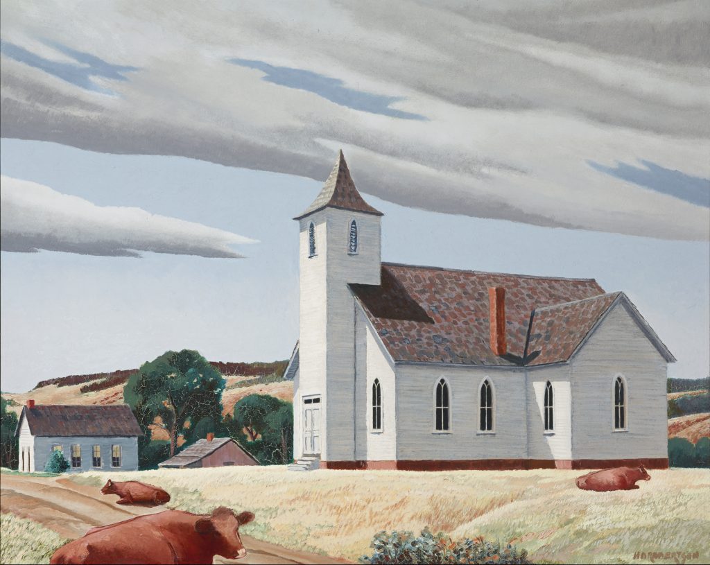Untitled (Three cows and a church), n.d. H.O. Robertson. Oil media, 29 x 35 in. Gift of Dr. and Mrs. J. Dean Robertson