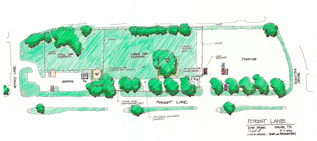 The rendering of a possible temporary dog park at Forest and Nuestra (click to enlarge)