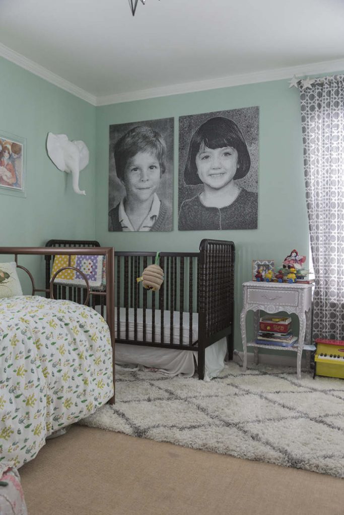 Heidi’s nursery features two large black-and-white portraits of Markus and Lilly as children along with a sketch of the four of them, including Heidi’s biological mother.  Photo by Jeanine Michna-Bales