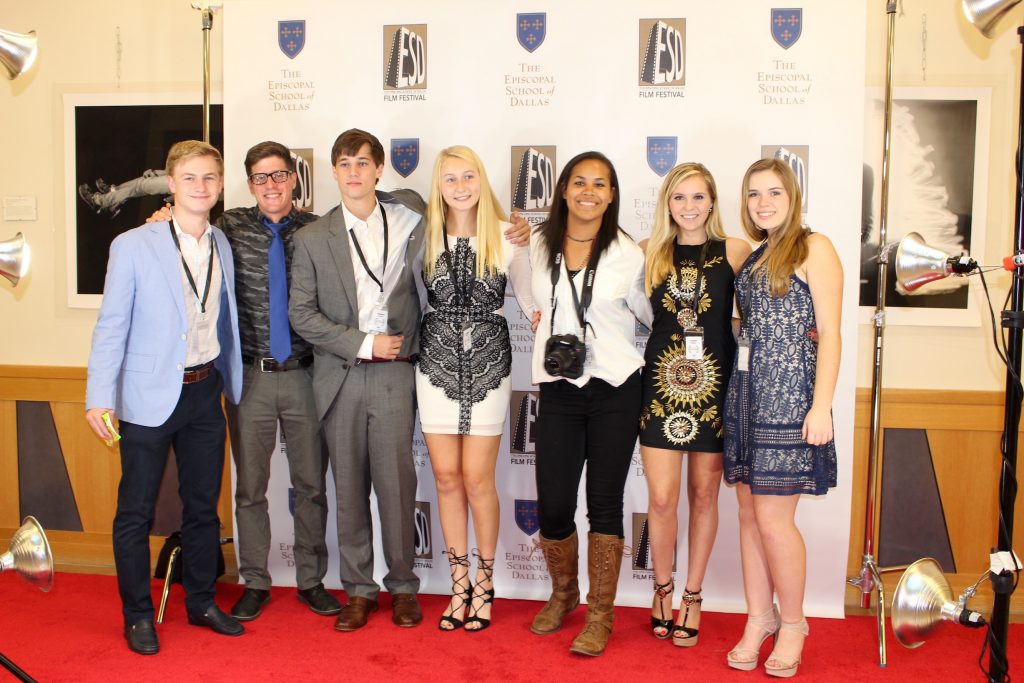 ESD Film Club members (left to right) Cal Etcheverry, film teacher Bobby Weiss, Byars Crowe, Grace Boyd, Chloe Williams, Virginia Tiernan, and Ellery Marshall pose on the red carpet Friday at the ESD Film Festival.