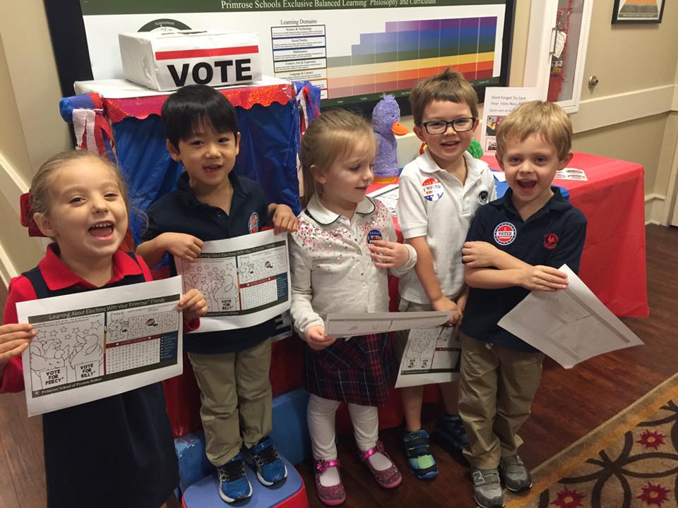 From Left: Coco Gutierrez, Mason Yoon, Alexa McClure, Cody Jack Hale and J.P. Balfour all cast their ballots in a mock election. Photo courtesy of Primrose School.