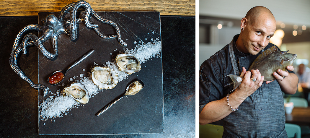 Left: raw oysters. Right: executive chef Aaron Staudenmaier (Photos by Kathy Tran)