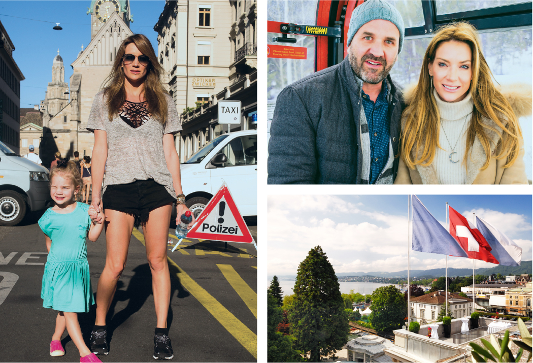 Clockwise from left: Cary and daughter, Zuri; Cary and Mark Deuber; Views from Hotel Baur au Lac in Zürich (Photos by Mark Deuber MD; Hotel: Photo courtesy Hotel Baur au Lac)
