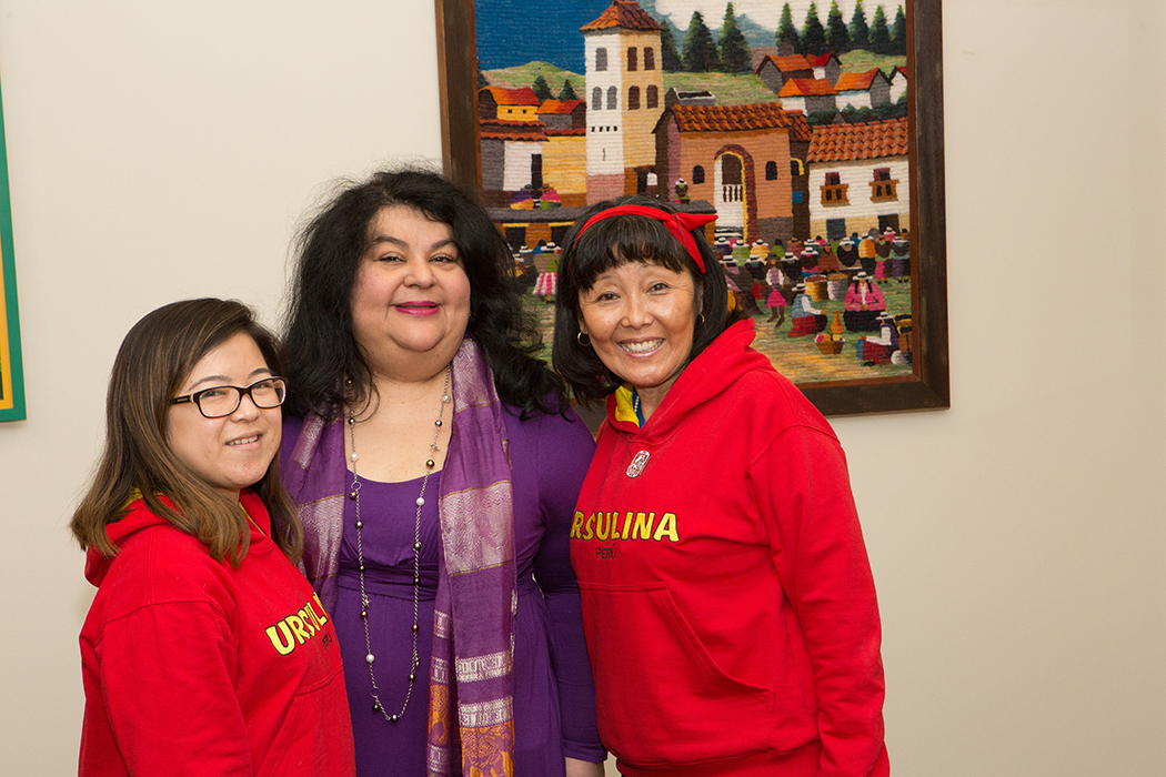 Silvia Gusukuma, a teacher at Colegio Santa Ursula, Cecilia Nipp and Betty Maruy spend time together during a visit to Ursuline. (Photo by Vonda Klimaszewski)